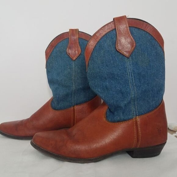 Vintage 1980s Frye Denim and Tooled cognac  Leather  Western Boot 8 - Picture 2 of 15